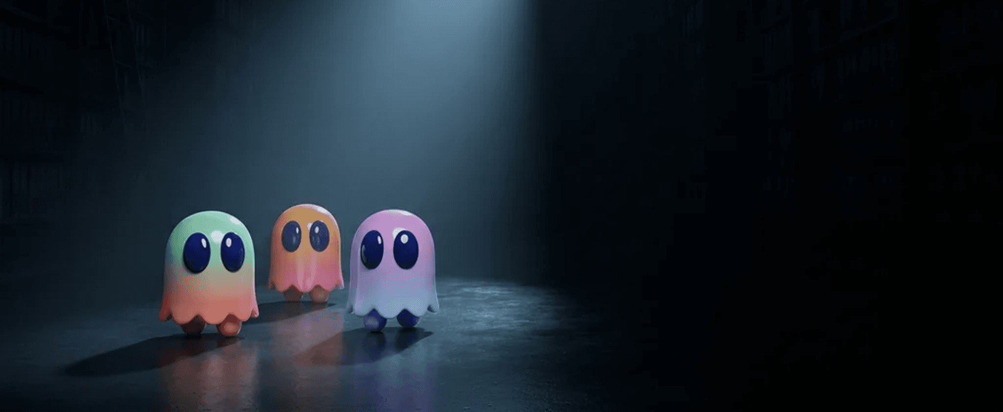 Three pastel ghost characters walking together down a vast dark archive hall lined with shelves, crossing a single cool shaft of daylight.